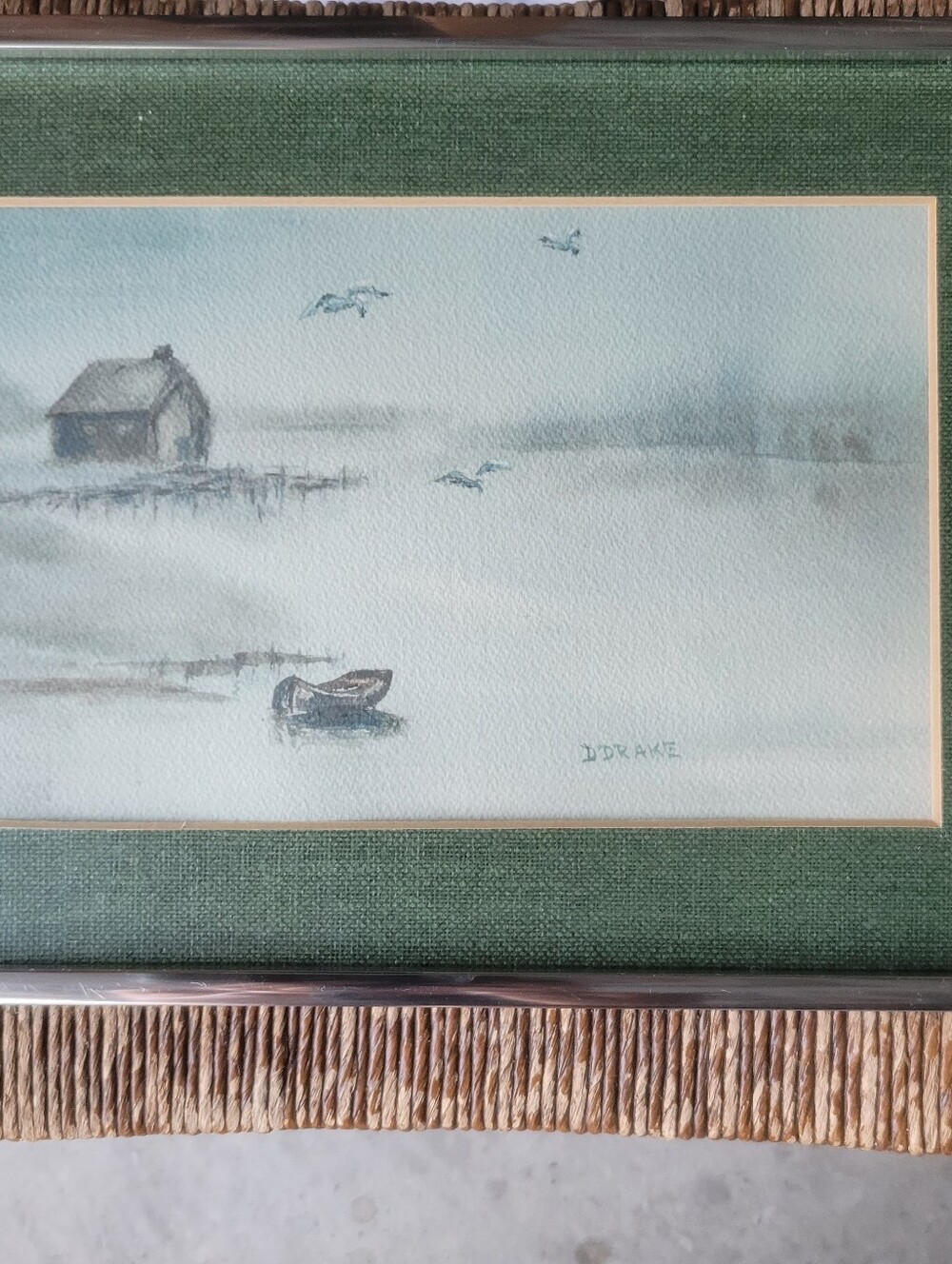 Serene Coastal Watercolor Print in Green and Blue Signed D. DRAKE - Framed